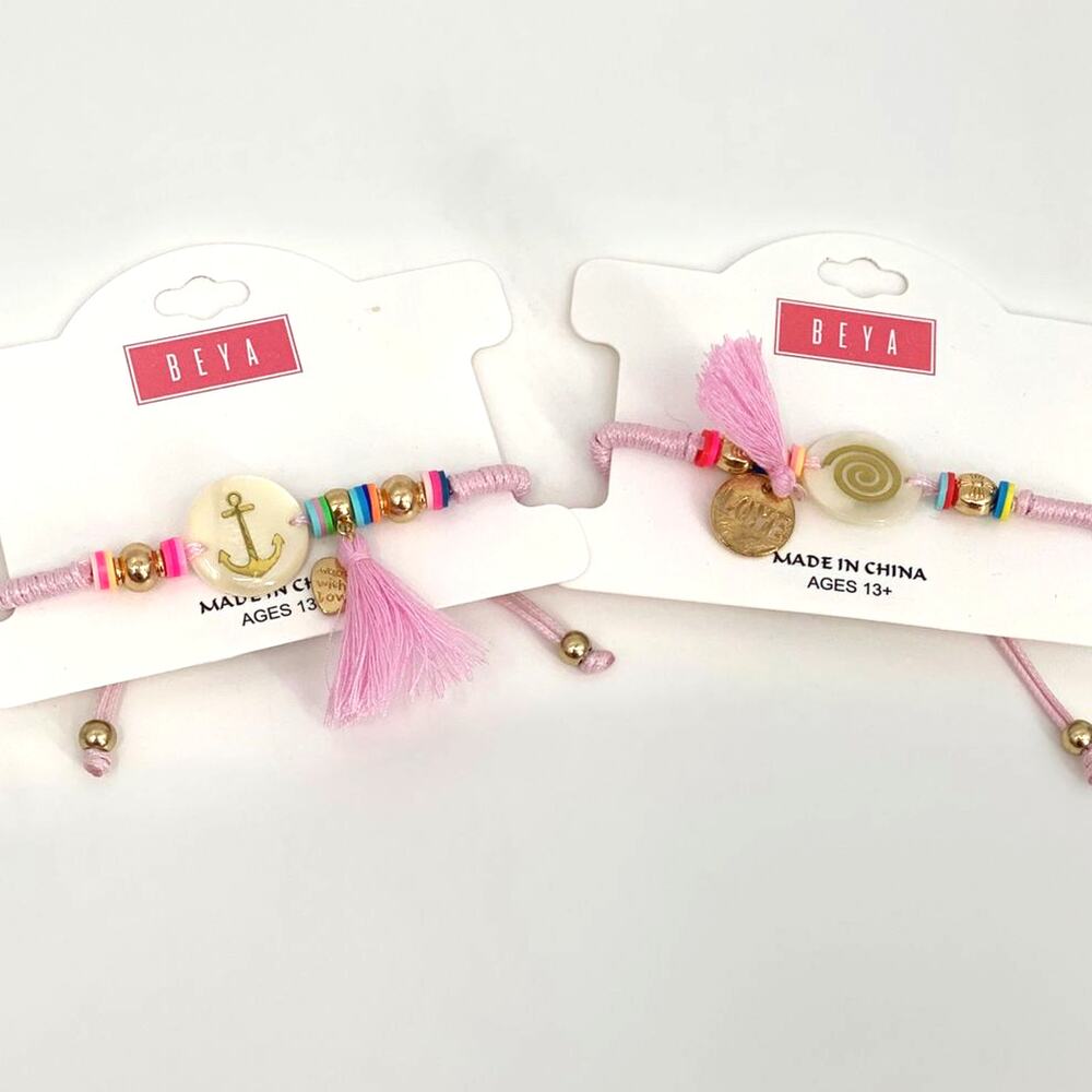 Beya Pink Woven Charm Tassel Bracelets 2 Bracelets NEW